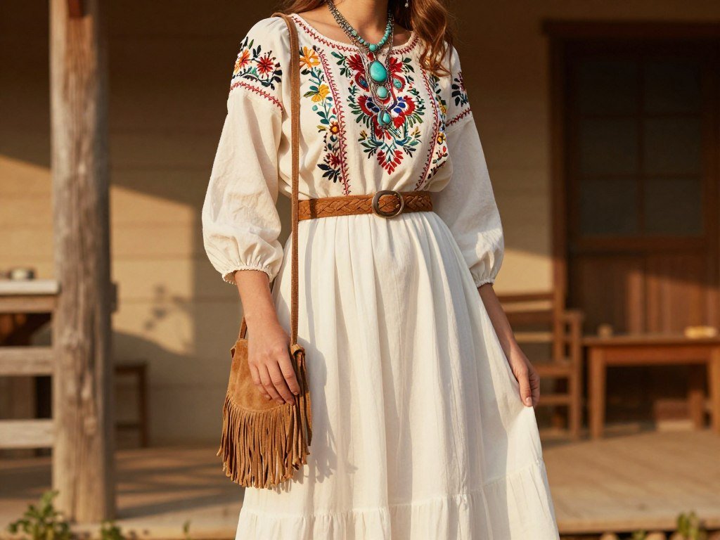 Woman wearing a white maxi skirt with an embroidered peasant blouse, suede belt, and turquoise jewelry in a bohemian style