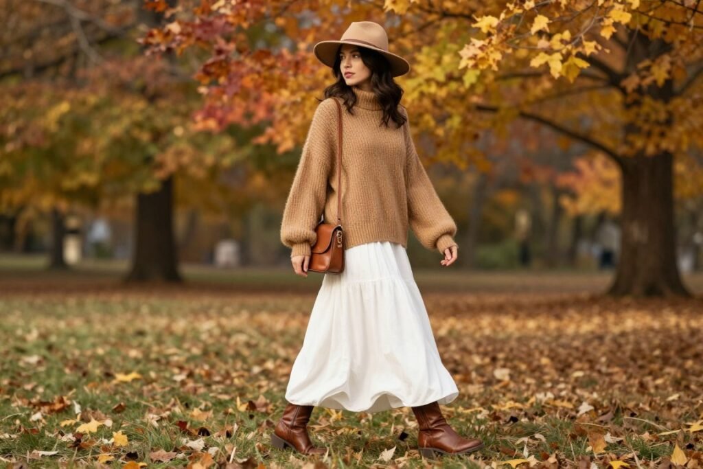 Woman wearing a white maxi skirt with an oversized chunky sweater, ankle boots, and a wool hat in a fall setting