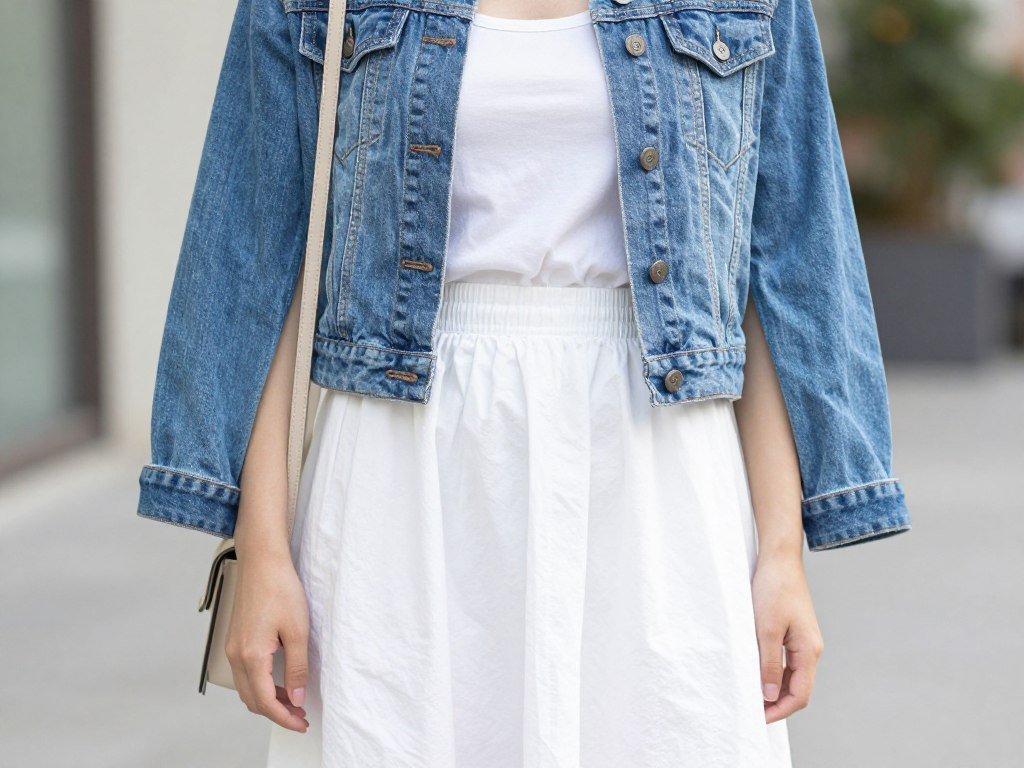 Woman wearing a white midi skirt with a denim jacket and tank top for a casual white midi skirt outfit