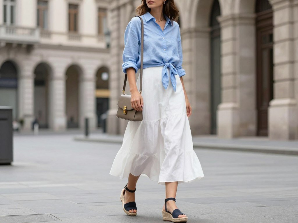 Woman wearing a white midi skirt with a linen shirt and espadrilles for a vacation white midi skirt outfit