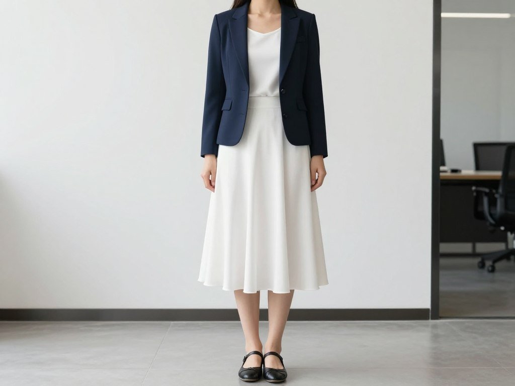 Woman wearing a white midi skirt with a tailored blazer and ballet flats for an office white midi skirt outfit