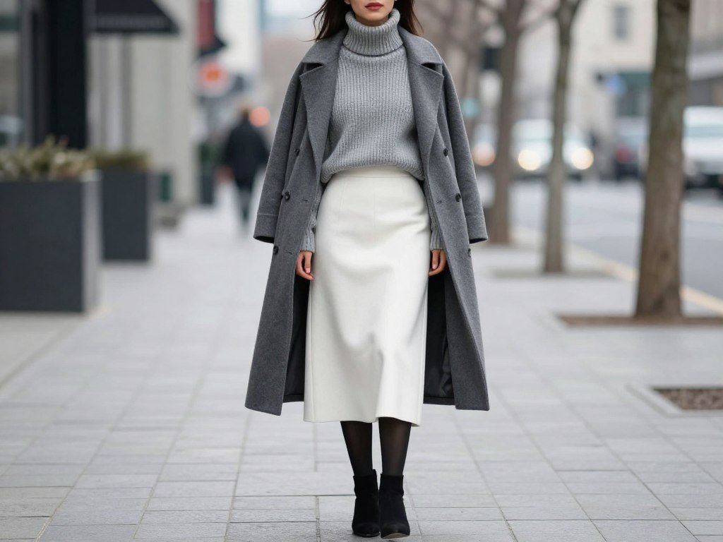 Woman wearing a white midi skirt with a turtleneck sweater, tights, and boots for a winter outfit