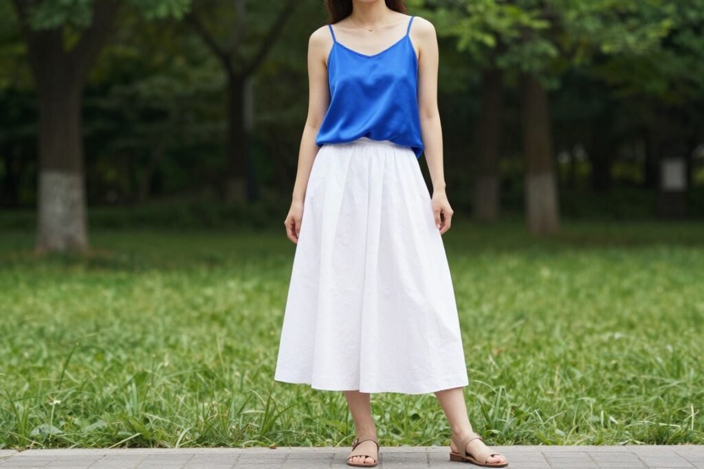 Woman wearing a white midi skirt with a vibrant cobalt blue top creating a striking color contrast