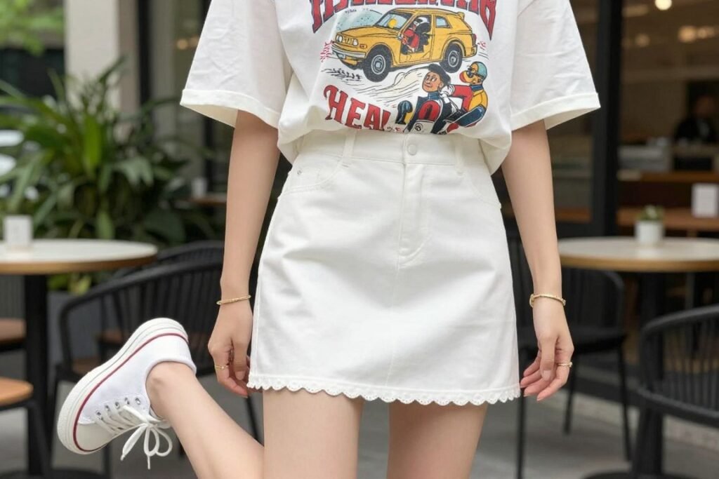 Woman wearing a white mini skirt with a vintage graphic t-shirt half-tucked in, paired with canvas sneakers