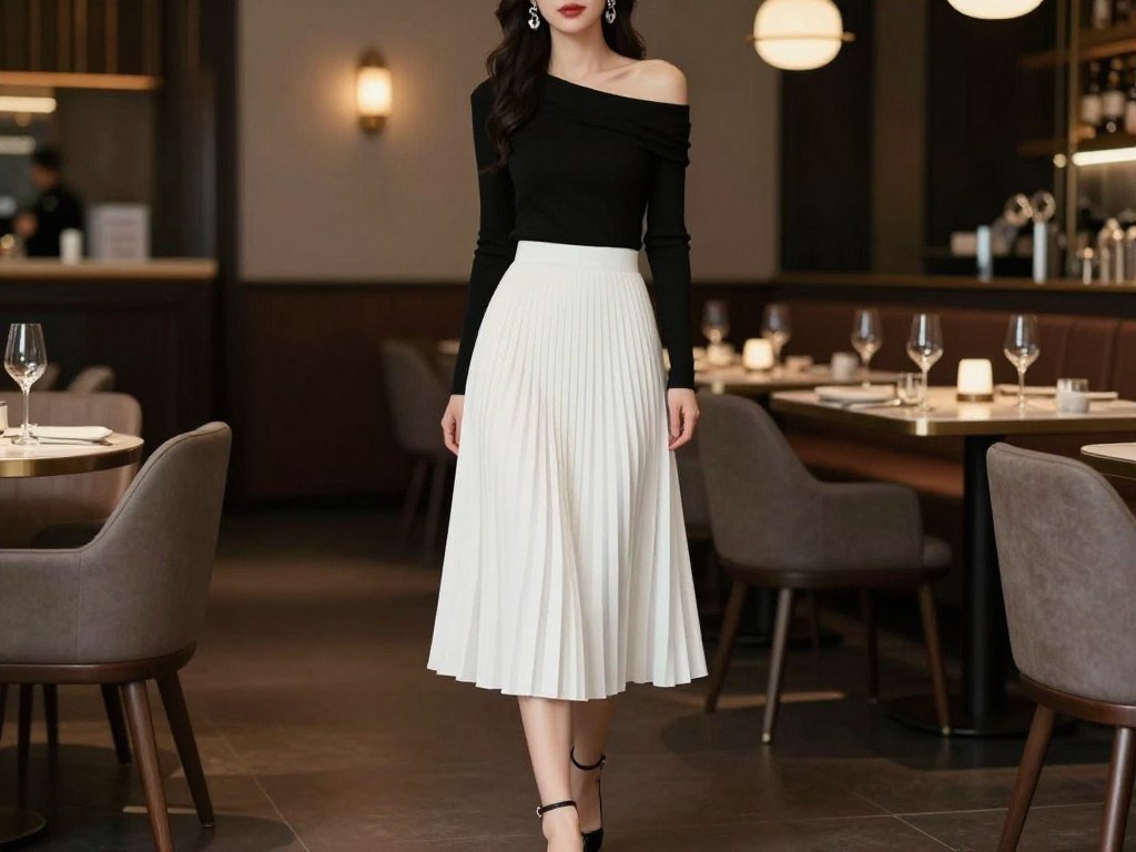 Woman wearing a white pleated skirt with a black off-shoulder top and strappy heels