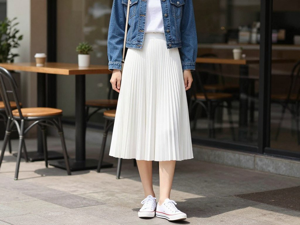 Woman wearing a white pleated skirt with a denim jacket and white t-shirt