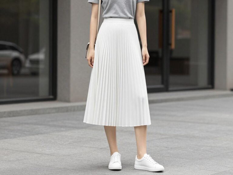 Woman wearing a white pleated skirt with a fitted gray t-shirt and white sneakers
