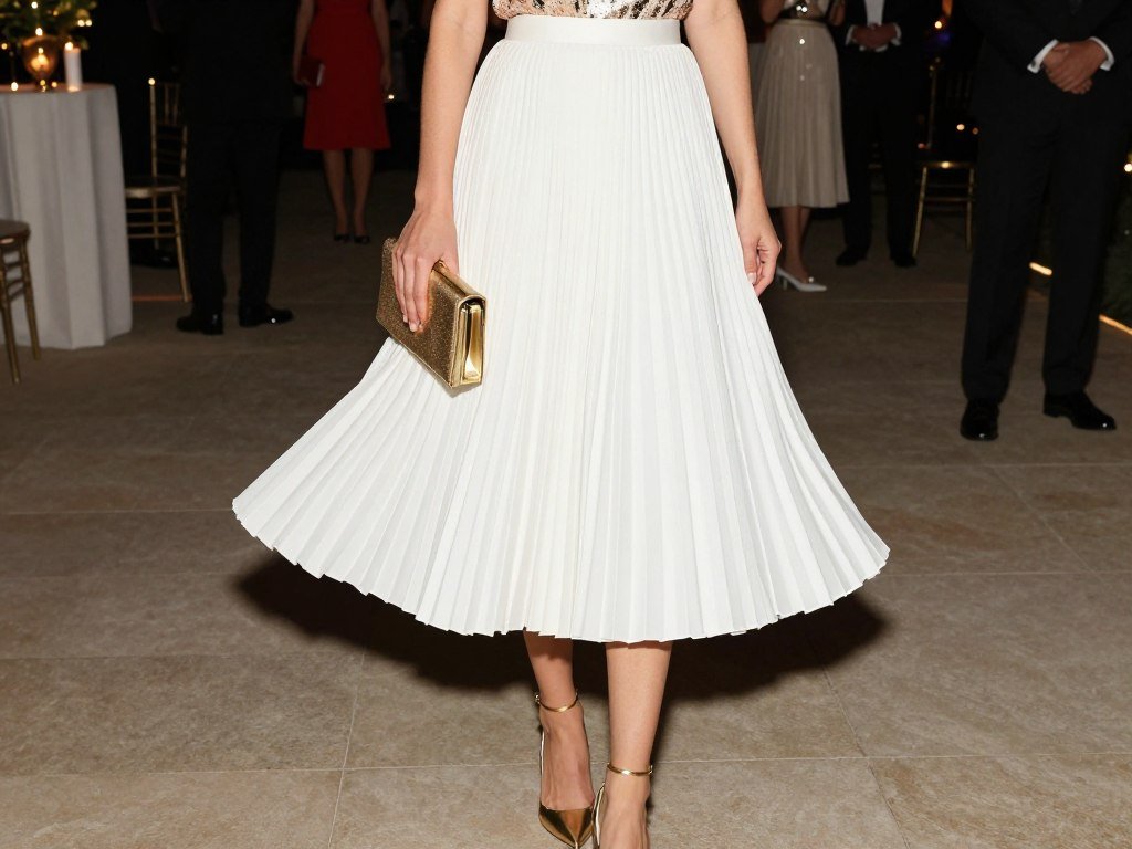 Woman wearing a white pleated skirt with a sequined top and metallic accessories