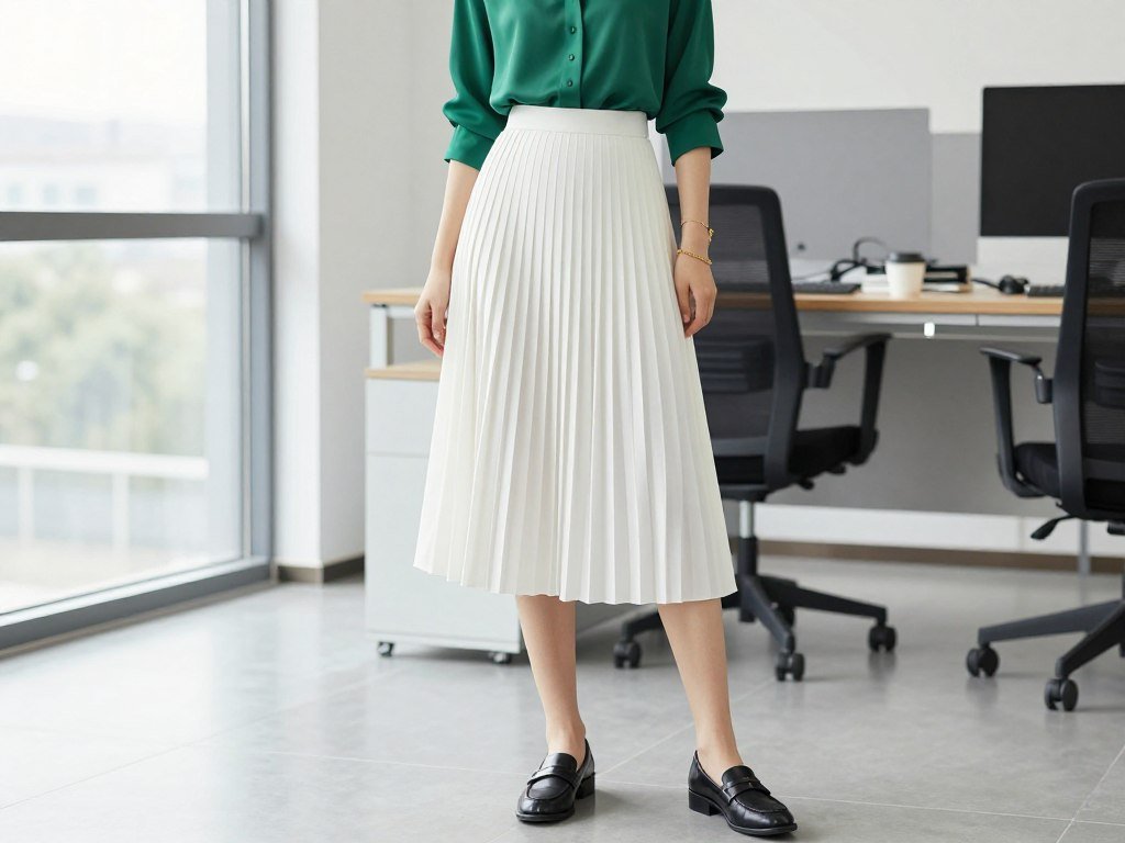 Woman wearing a white pleated skirt with a silk blouse and loafers