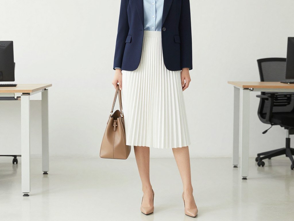 Woman wearing a white pleated skirt with a tailored blazer and button-up shirt