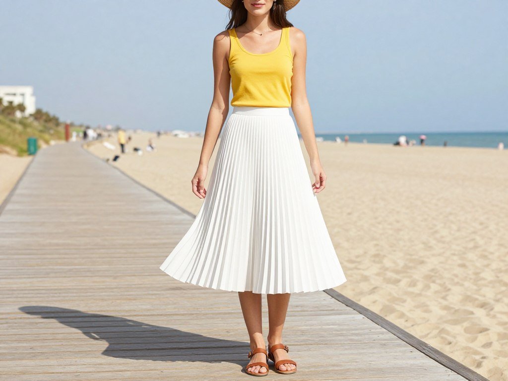 Woman wearing a white pleated skirt with a tank top and sandals in summer