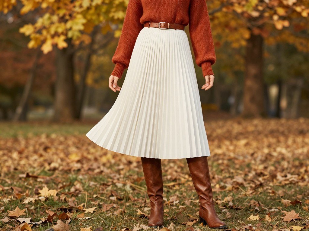 Woman wearing a white pleated skirt with a turtleneck and boots in fall