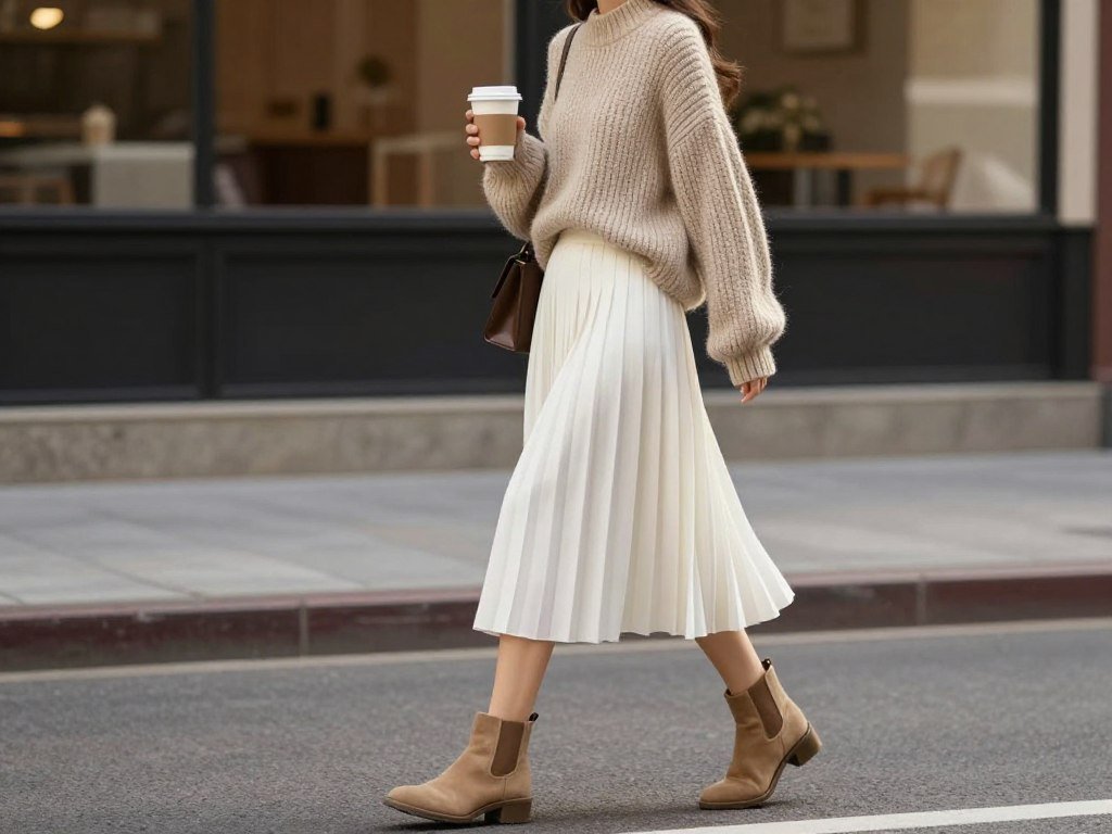 Woman wearing a white pleated skirt with an oversized sweater and ankle boots