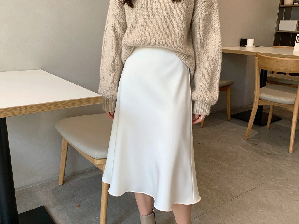Woman wearing a white satin midi skirt with a casual oversized sweater and ankle boots for a weekend brunch outfit