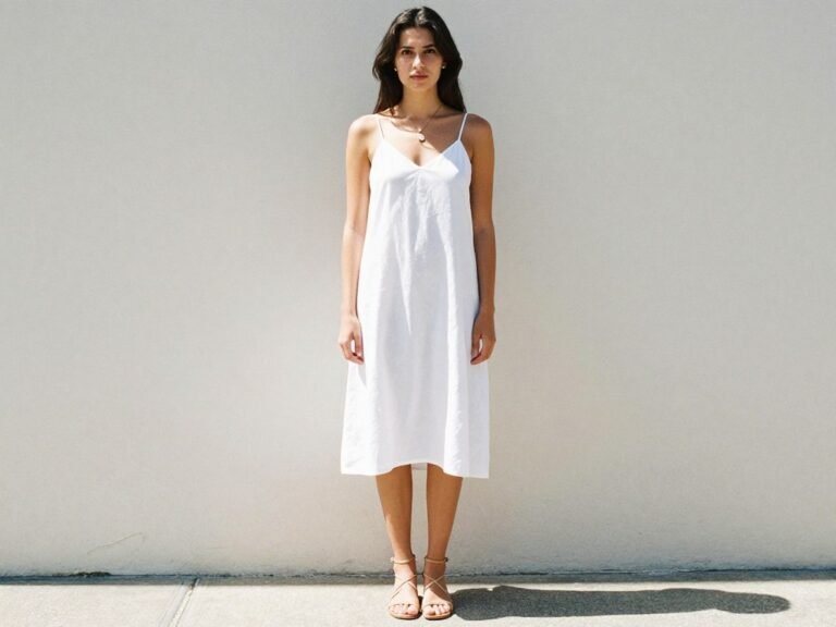 Woman wearing a white slip dress with minimal accessories in a 90s minimalist summer aesthetic