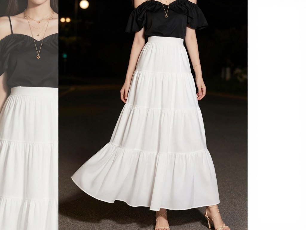 Woman wearing a white tiered maxi skirt with a black off-shoulder top and delicate gold jewelry for an evening look