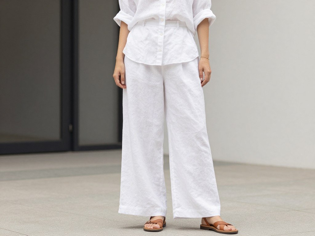 Woman wearing all-white linen outfit with pants and matching top for summer