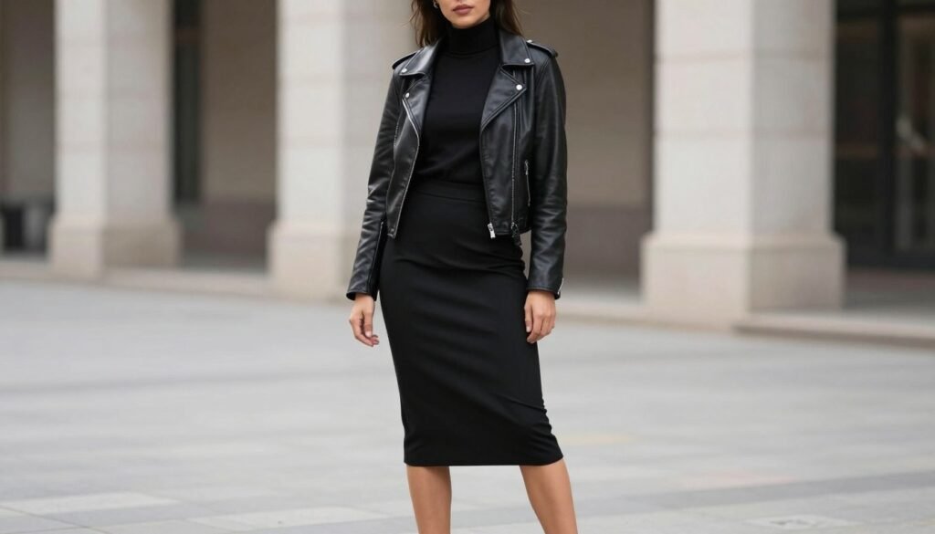 Woman wearing an all-black outfit with different textures for a monochrome black skirt outfit