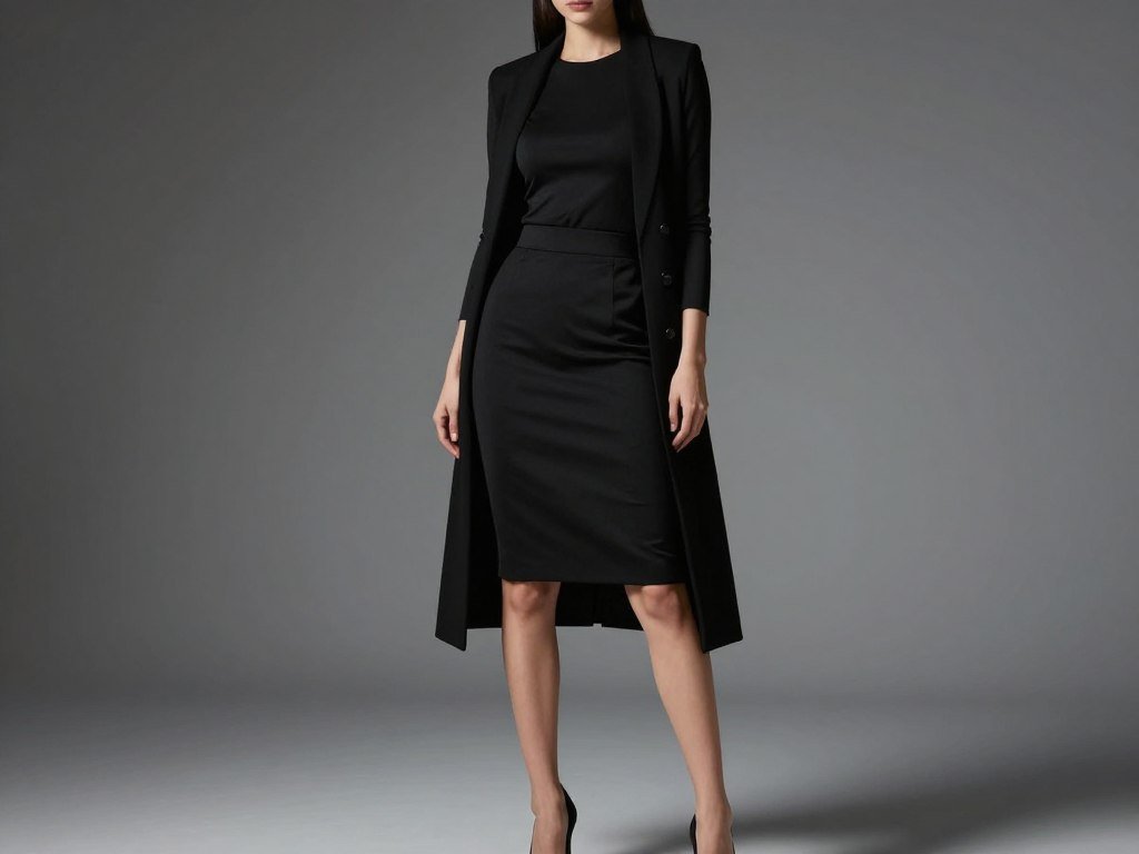 Woman wearing an all-black outfit with varied proportions for a layered black skirt outfit