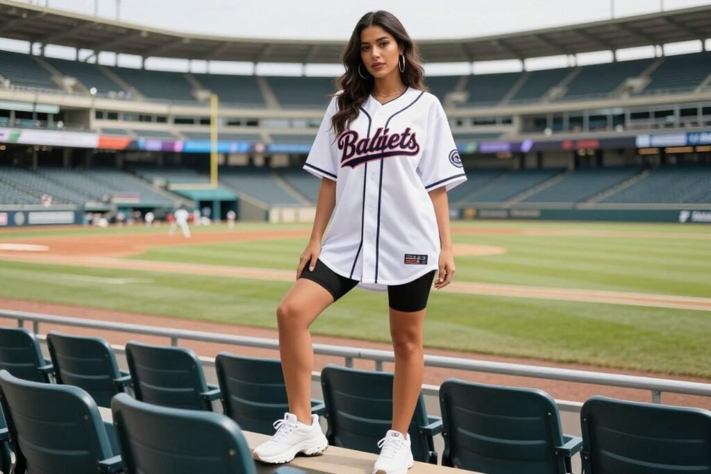 Woman wearing an oversized jersey as a dress with bike shorts and chunky sneakers