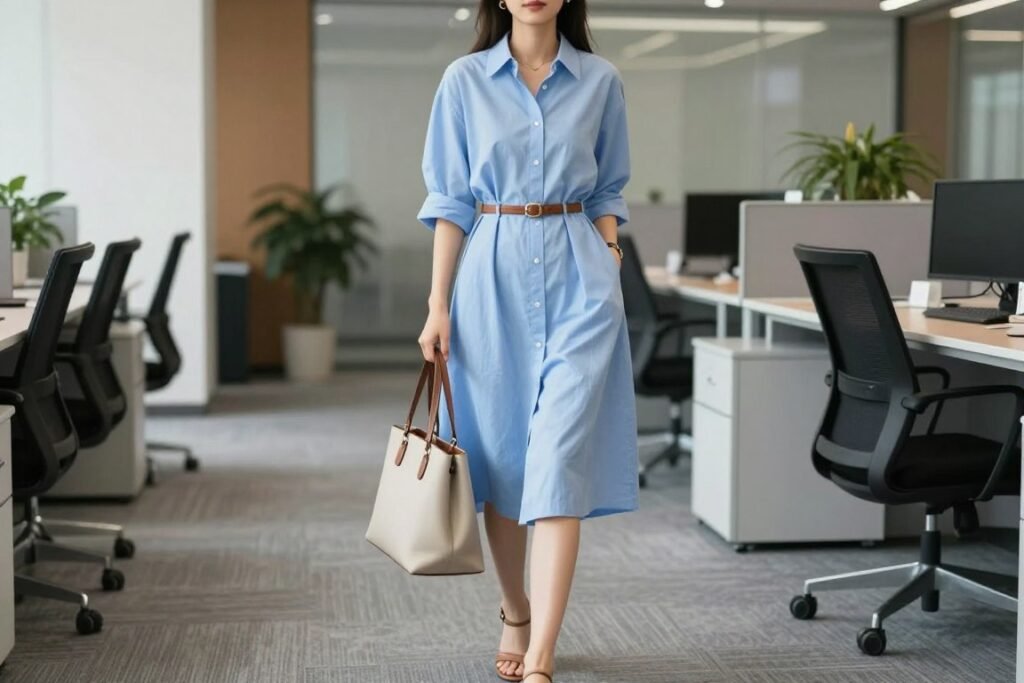 Woman wearing an oversized shirt dress belted at the waist for a casual summer work outfit