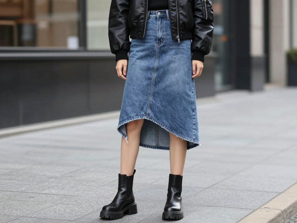 Woman wearing asymmetrical denim skirt with leather bomber jacket and ankle boots