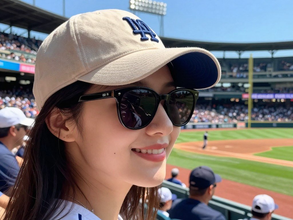 Woman wearing baseball cap and sunglasses at sunny baseball game