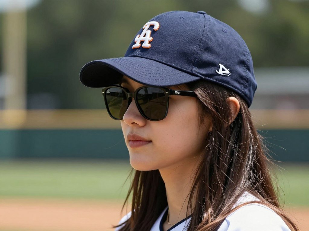 Woman wearing baseball cap and sunglasses at sunny baseball game