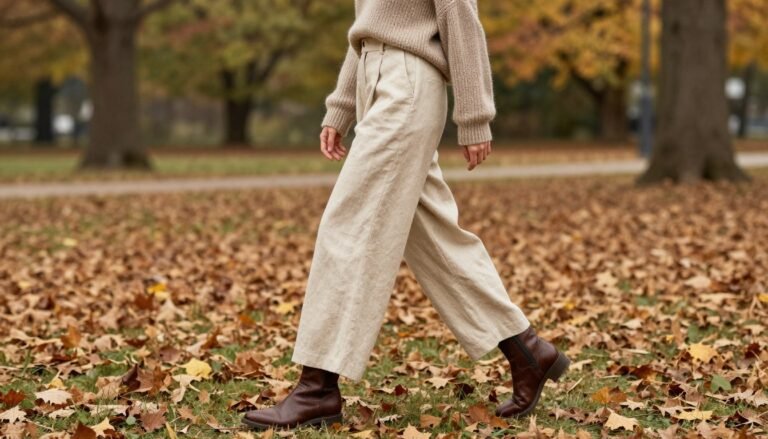 Woman wearing beige linen pants with a chunky knit sweater and ankle boots for fall
