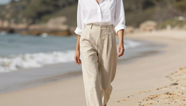 Woman wearing beige linen pants with white blouse walking on beach