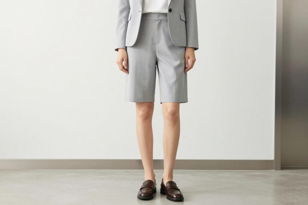 Woman wearing bermuda shorts suit as summer work outfit for office