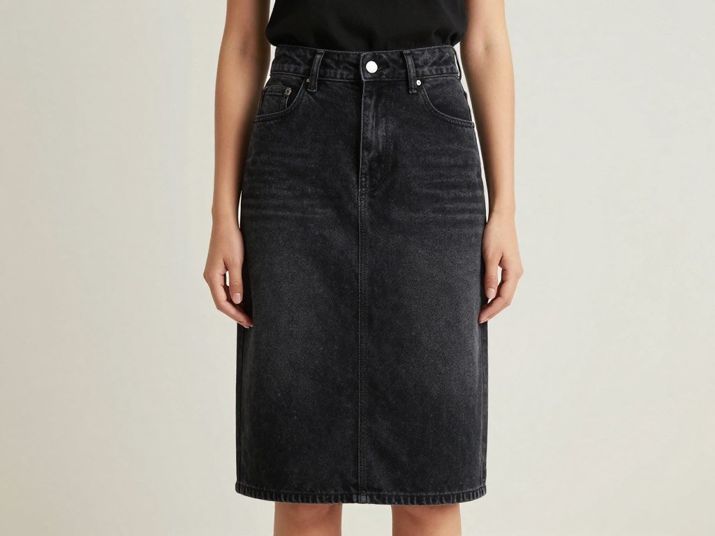 Woman wearing black denim skirt in a sleek, modern outfit
