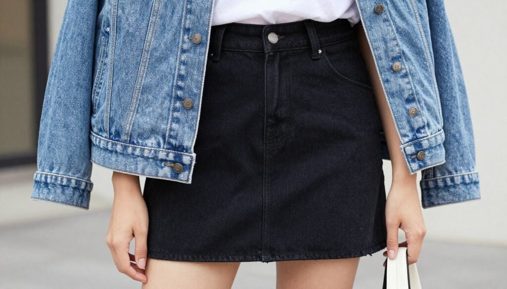 Woman wearing black denim skirt with blue denim jacket outfit