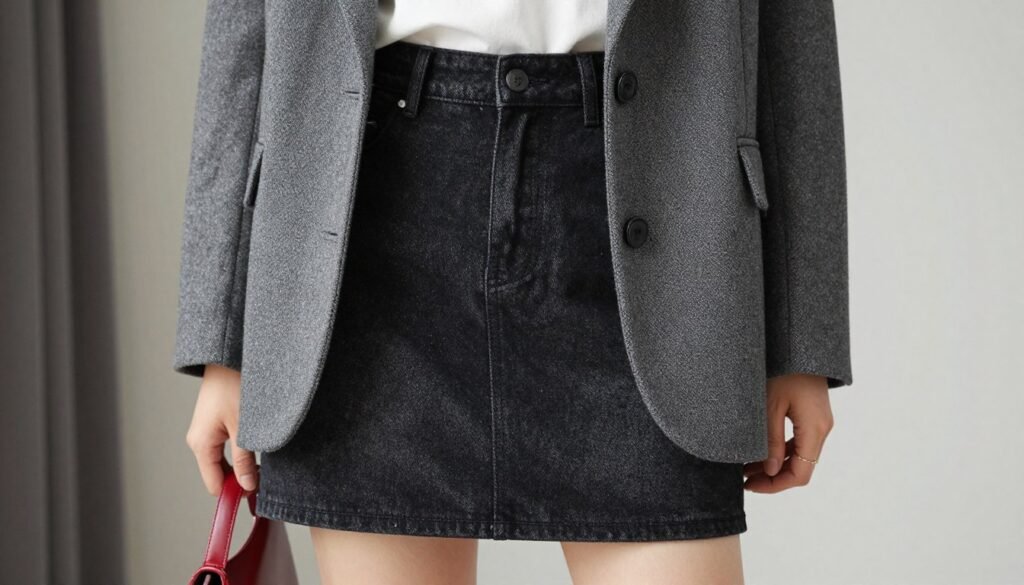 Woman wearing black denim skirt with grey blazer and ankle boots