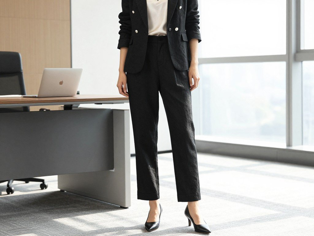 Woman wearing black linen pants with a matching blazer and silk camisole, creating a linen pants outfit work look suitable for executive settings
