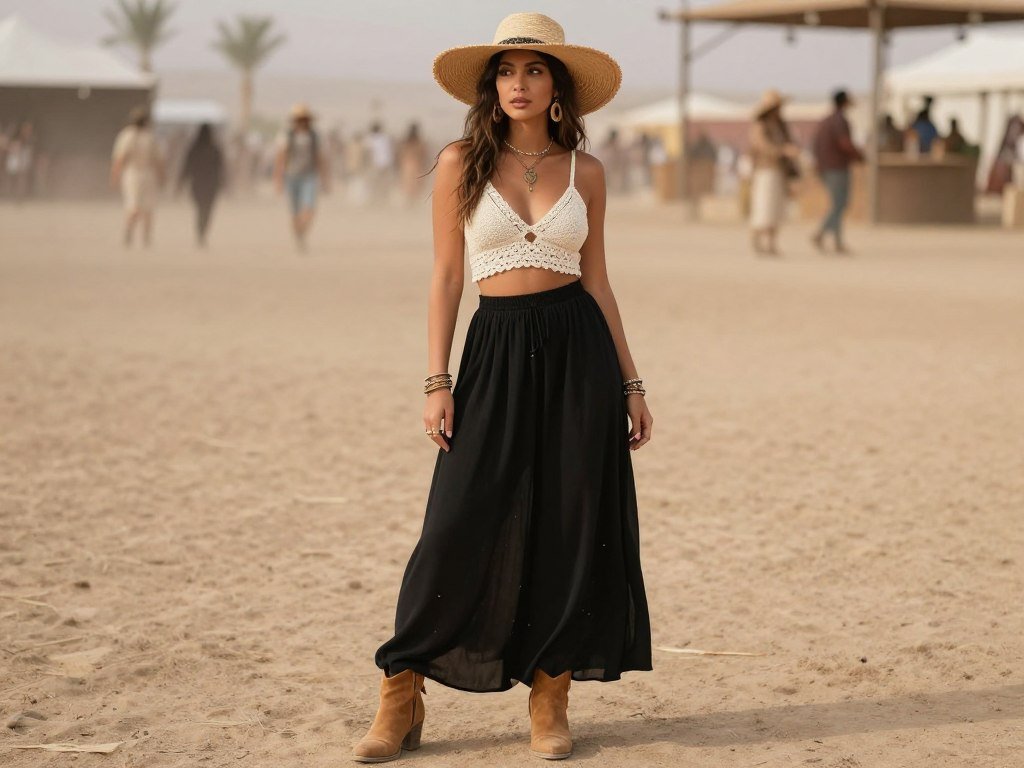 Woman wearing black maxi skirt with cropped crochet top and hat