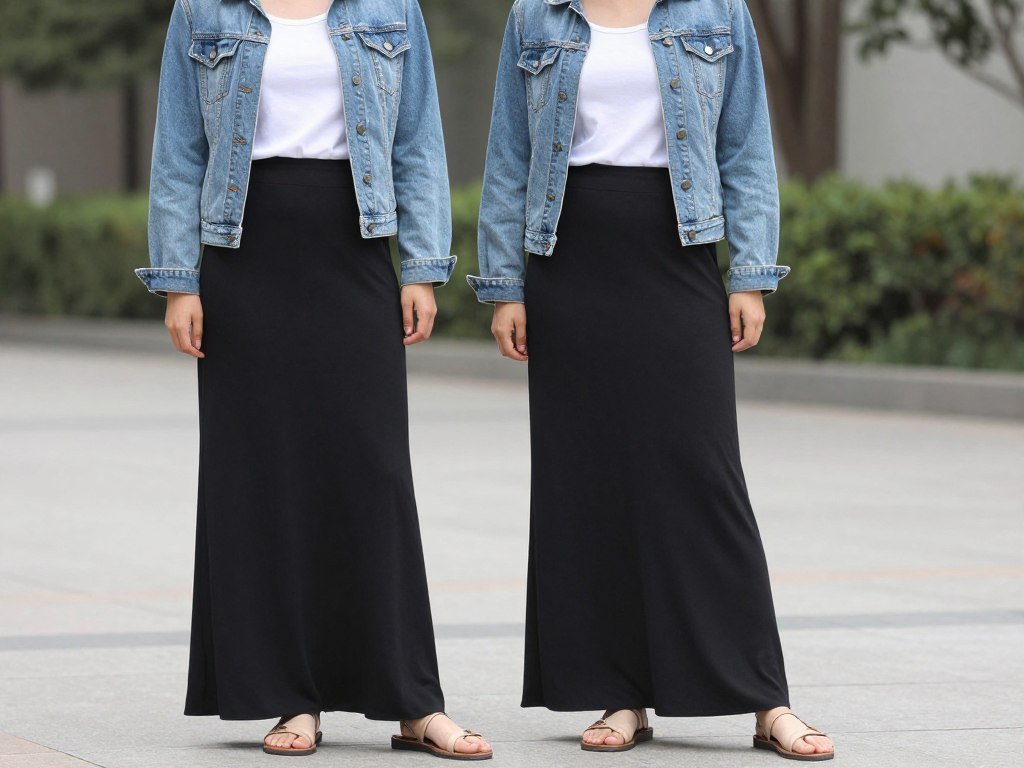 Woman wearing black maxi skirt with denim jacket and tank top