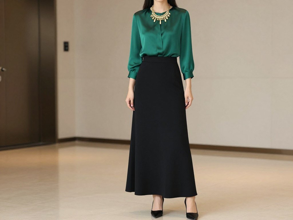 Woman wearing black maxi skirt with silk blouse and statement necklace