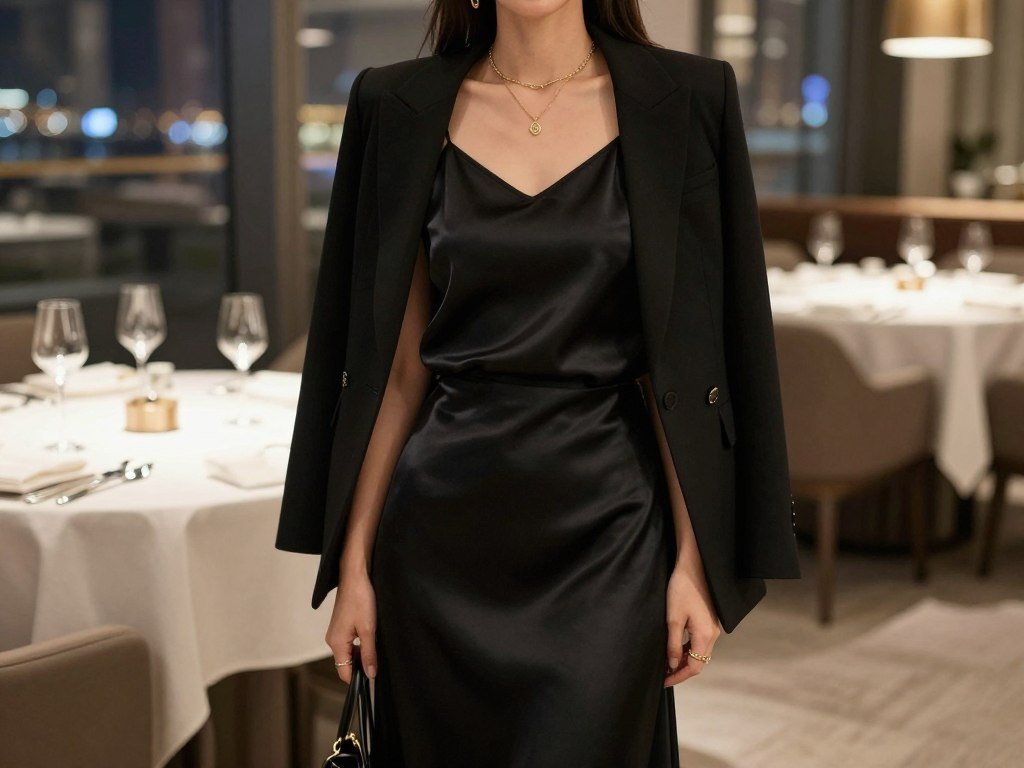 Woman wearing black maxi skirt with silk camisole and blazer