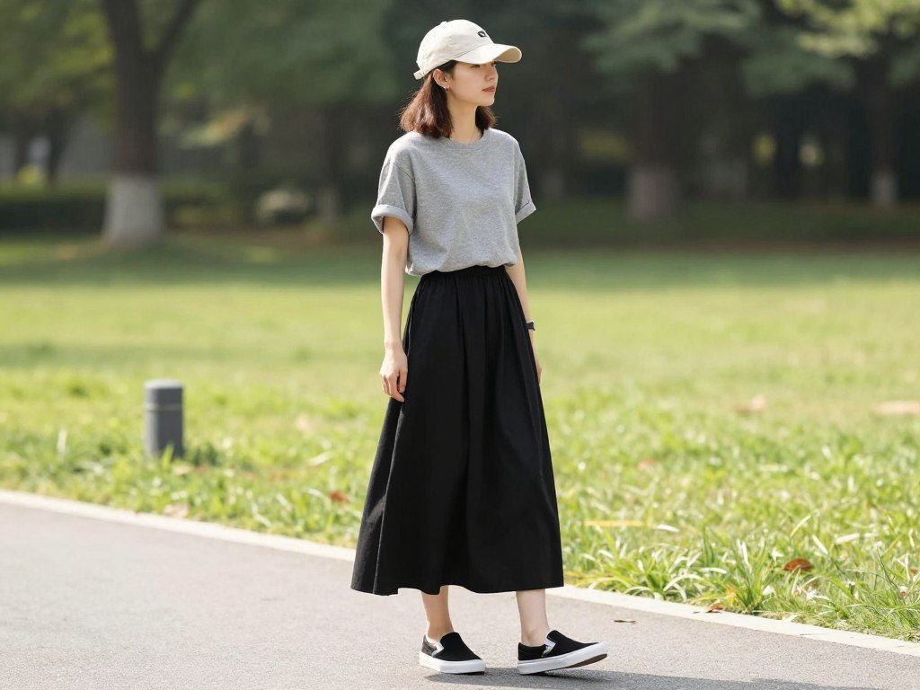 Woman wearing black maxi skirt with t-shirt and baseball cap