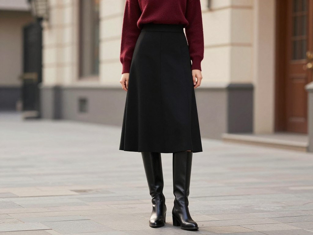 Woman wearing black midi skirt with burgundy turtleneck and knee-high boots