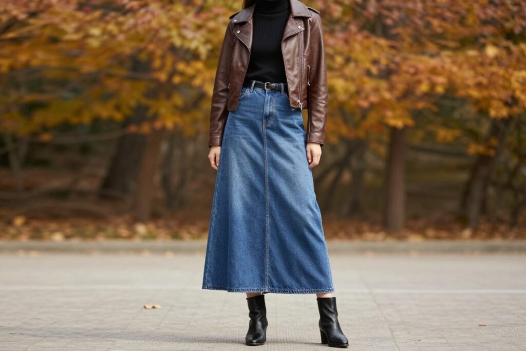 Woman wearing blue jean maxi skirt with turtleneck sweater, ankle boots and leather jacket for fall look