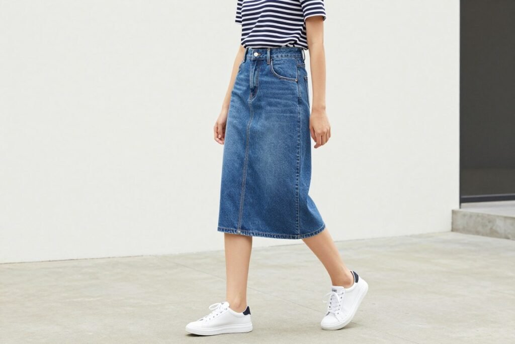 Woman wearing blue jean midi skirt with striped tee and white sneakers for weekend casual look