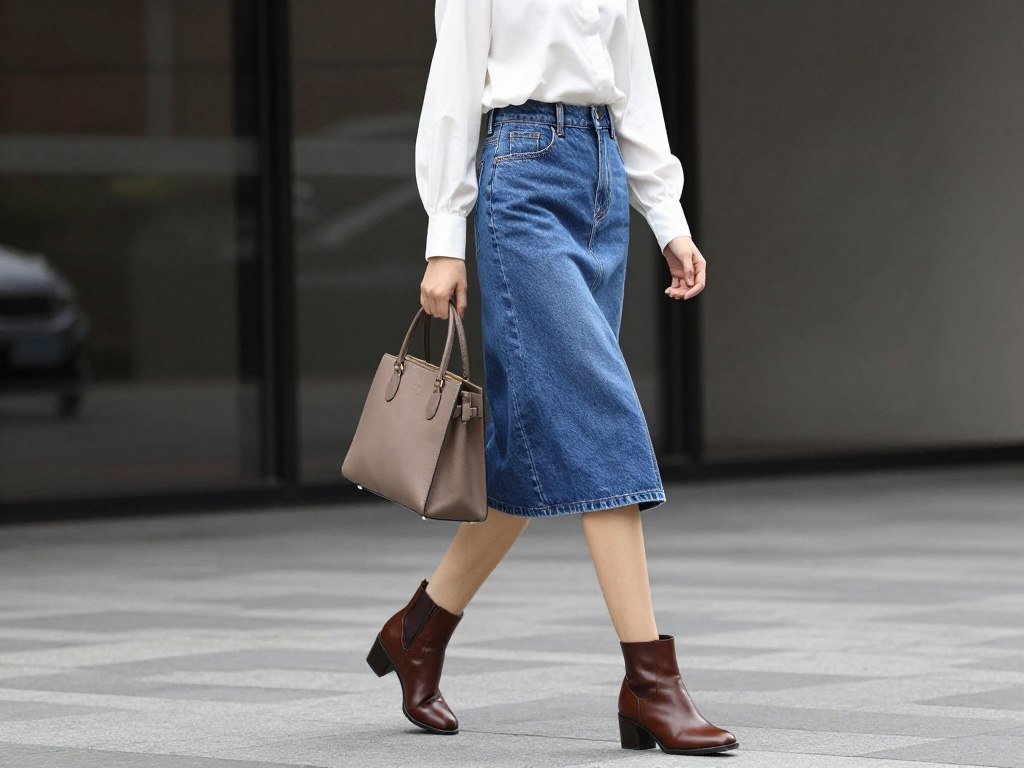 Woman wearing blue jean midi skirt with tucked-in blouse and ankle boots for office-appropriate look