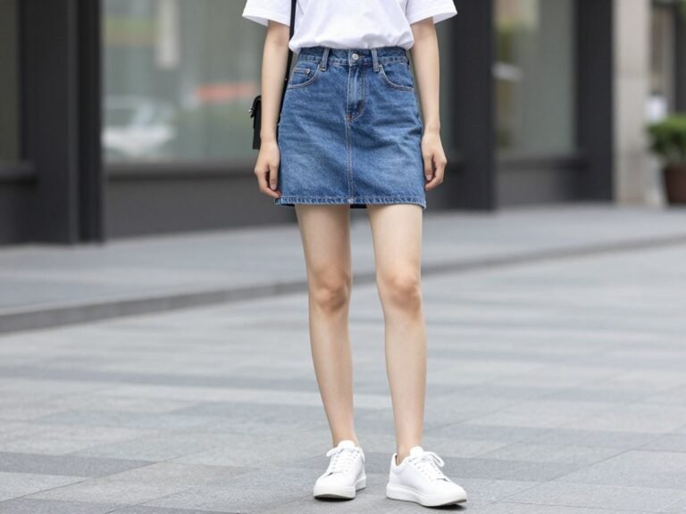 Woman wearing blue jean mini skirt with white t-shirt and sneakers for casual weekend look