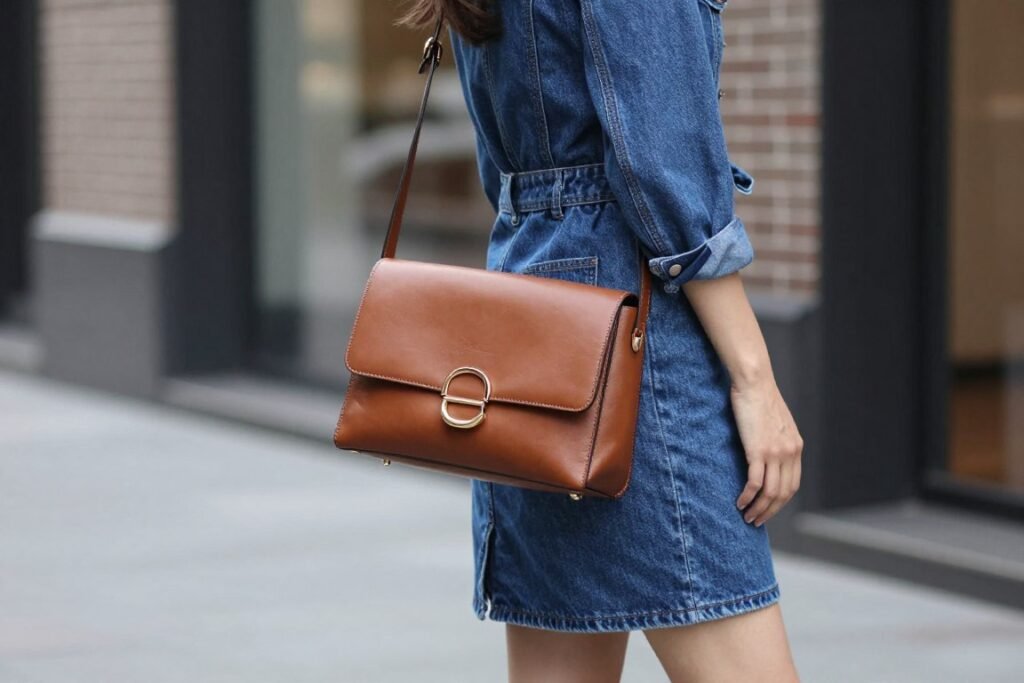 Woman wearing blue jean skirt outfit with stylish crossbody bag