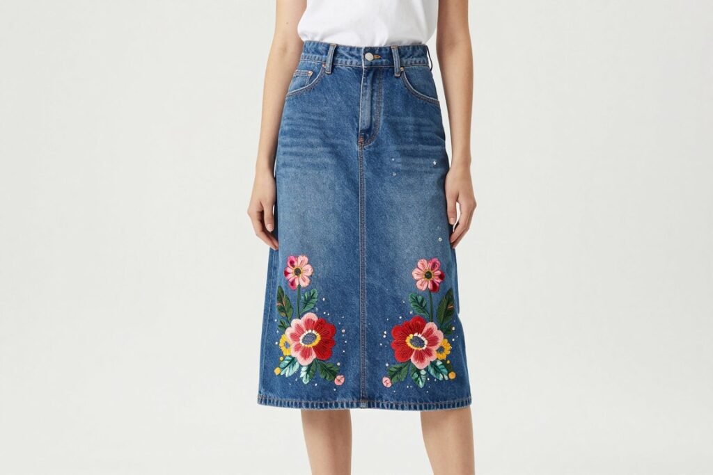 Woman wearing blue jean skirt with embroidered floral details paired with simple top