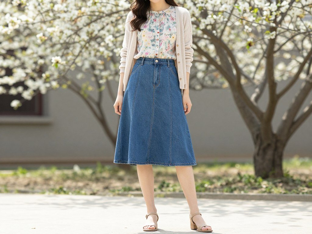 Woman wearing blue jean skirt with floral blouse and light cardigan for spring outfit