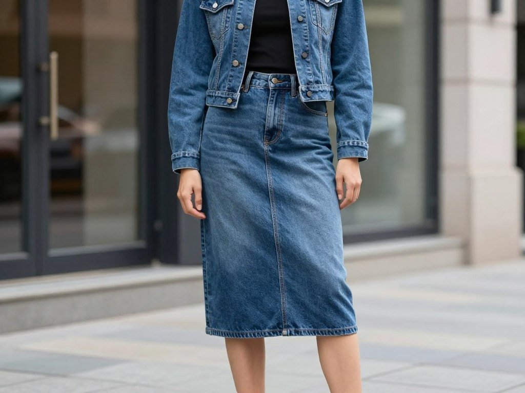 Woman wearing blue jean skirt with matching denim jacket for stylish double denim look
