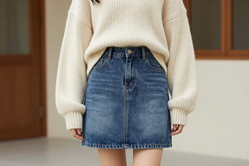 Woman wearing blue jean skirt with oversized chunky knit sweater for cozy fall look